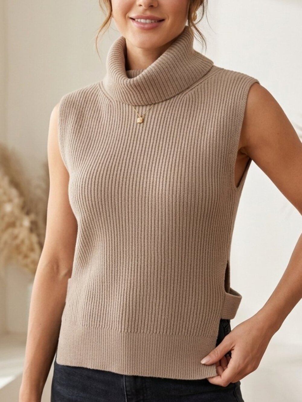Anthropologie Ribbed Sleeveless Turtleneck Sweater with Side Tab Detail